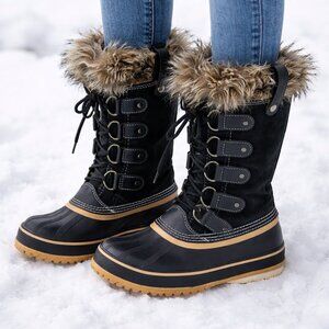SOREL Joan Of Arctic Womens Sz 8 Black Suede Leather Winter Snow Boots Faux Fur